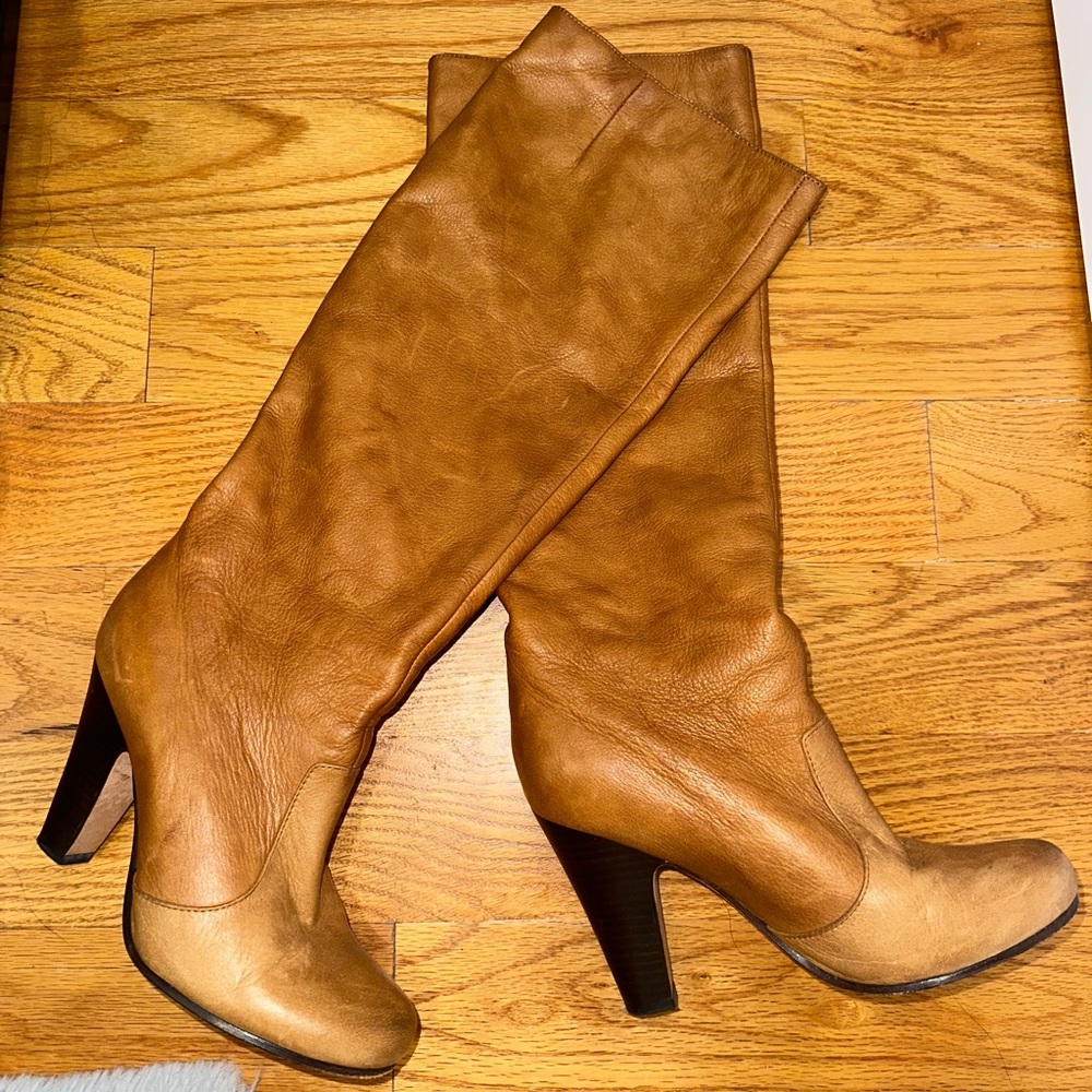Brown leather heeled boots